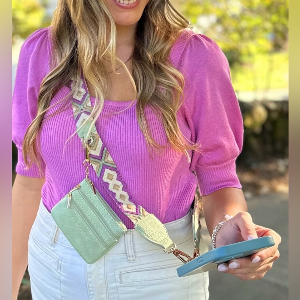 Save The Girls Clip & Go Strap in green and purple pattern